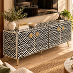 Black Bone Inlay Optical Design 4 Door TV Unit Media Cabinet