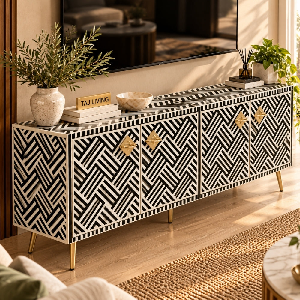 Black Bone Inlay Optical Design 4 Door TV Unit Media Cabinet