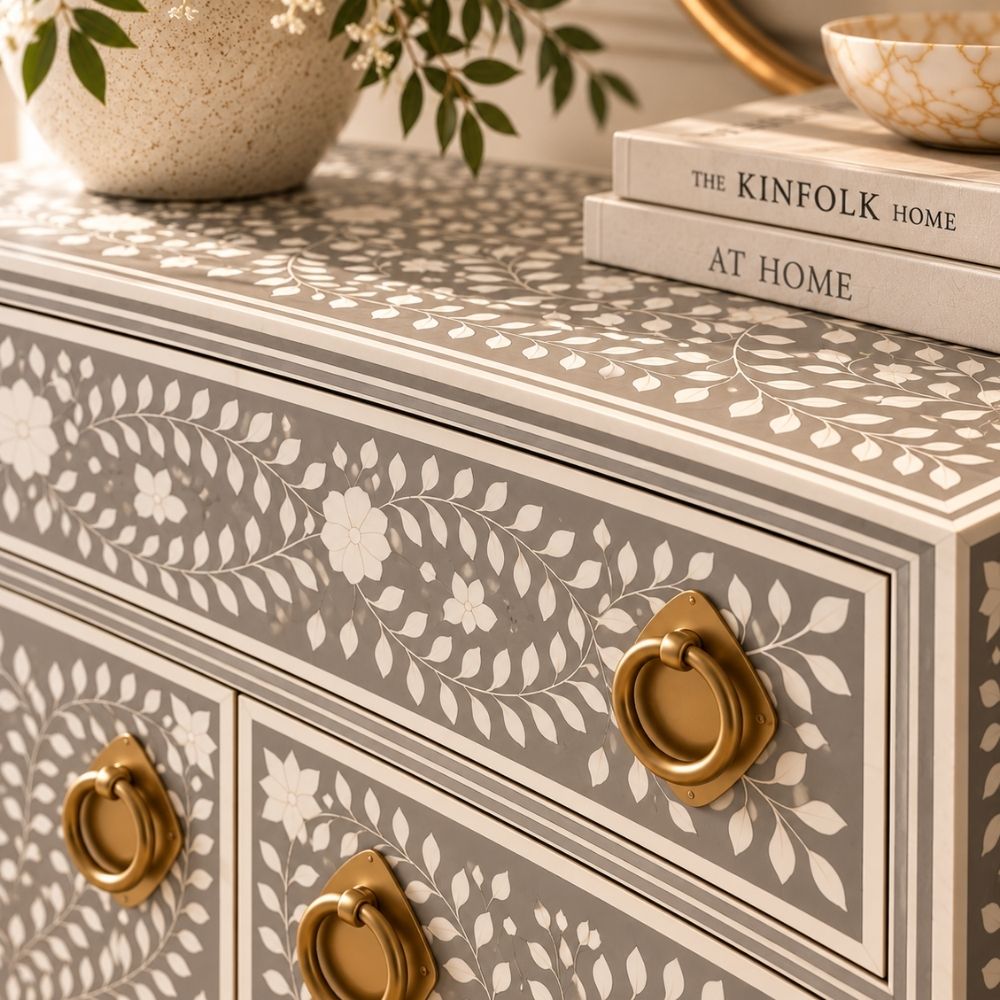 Meenakari Bone Inlay 2 Drawer 4 Door Grey Buffet Cabinet with Brass Handles