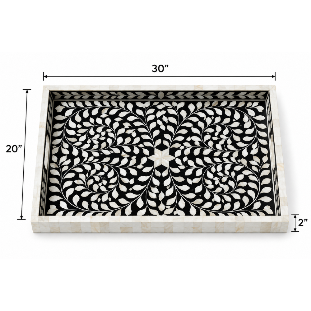 Padharo Handmade Bone Inlay Wooden Modern Floral Pattern Serving Tray