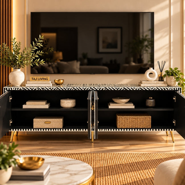 Black Bone Inlay Optical Design 4 Door TV Unit Media Cabinet Main Image
