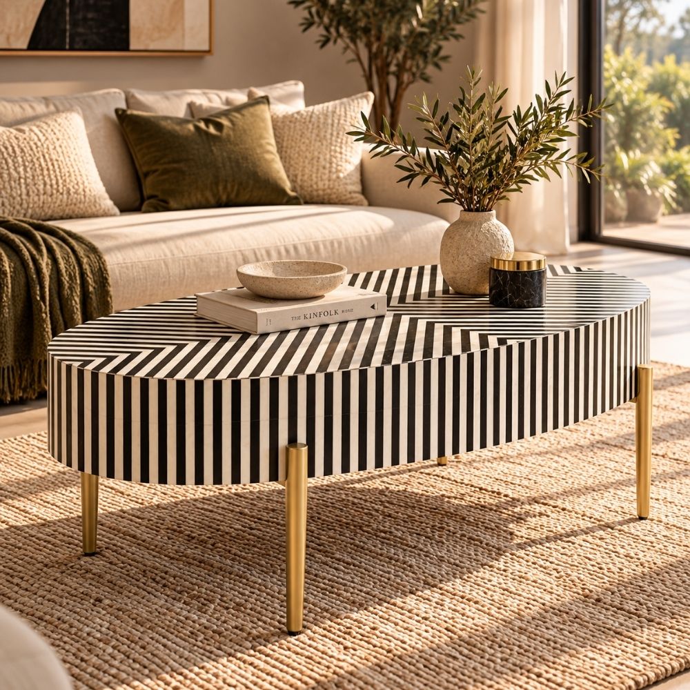 Bone Inlay Black & White Oval Coffee Table with Gold Legs
