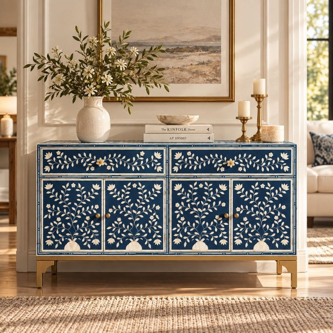 Rajmahal Blue Bone Inlay 2 Drawer 4 Door Buffet Cabinet with Floral Design Hover Image