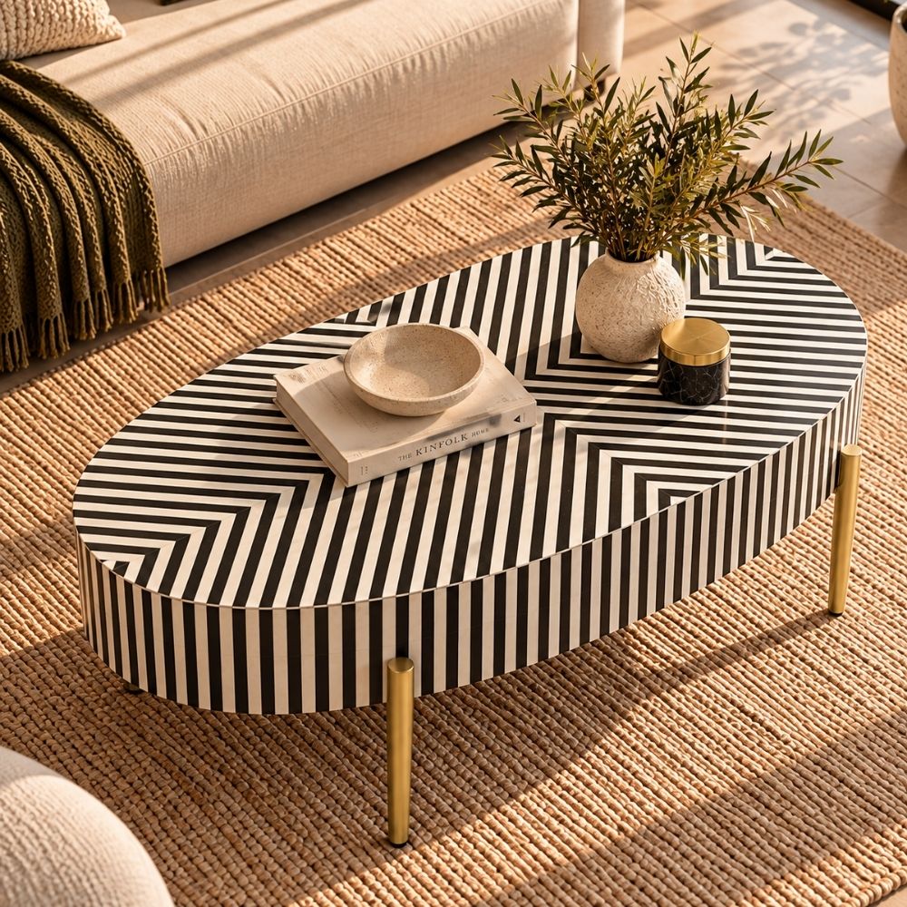 Bone Inlay Black & White Oval Coffee Table with Gold Legs