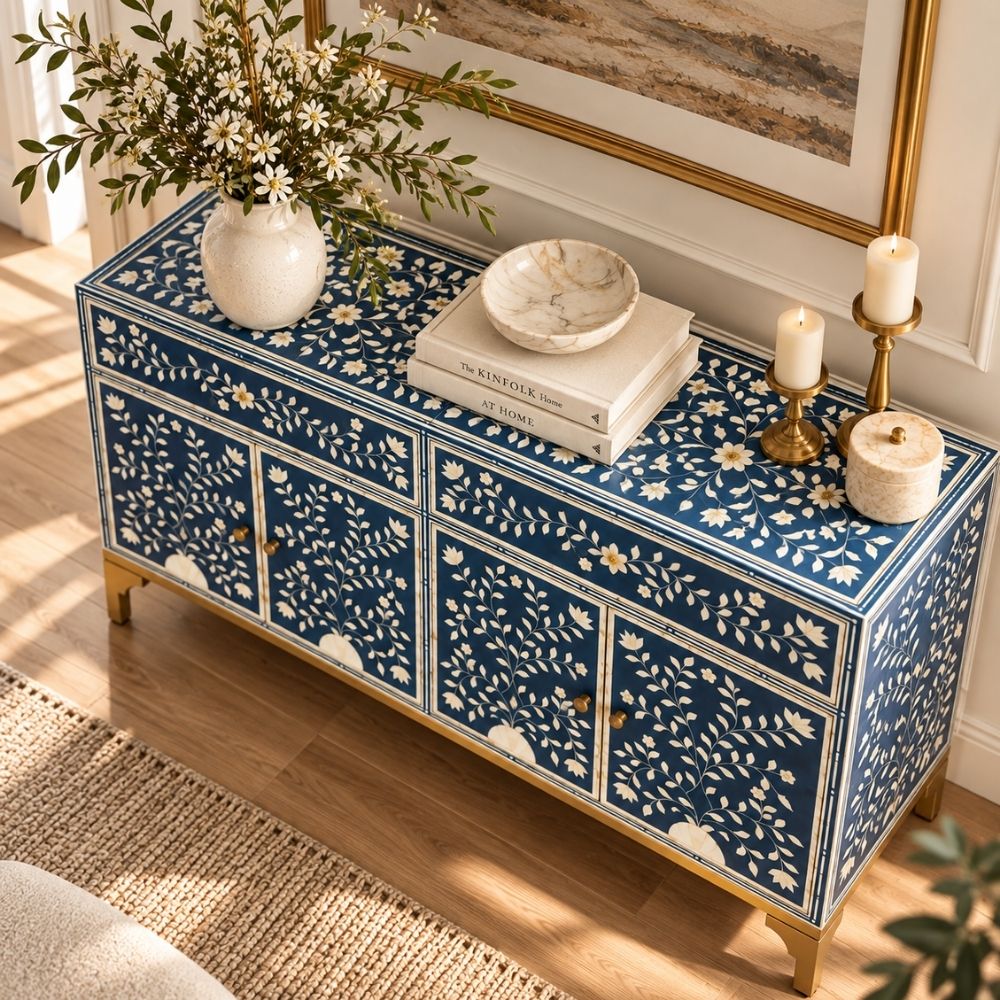 Rajmahal Blue Bone Inlay 2 Drawer 4 Door Buffet Cabinet with Floral Design