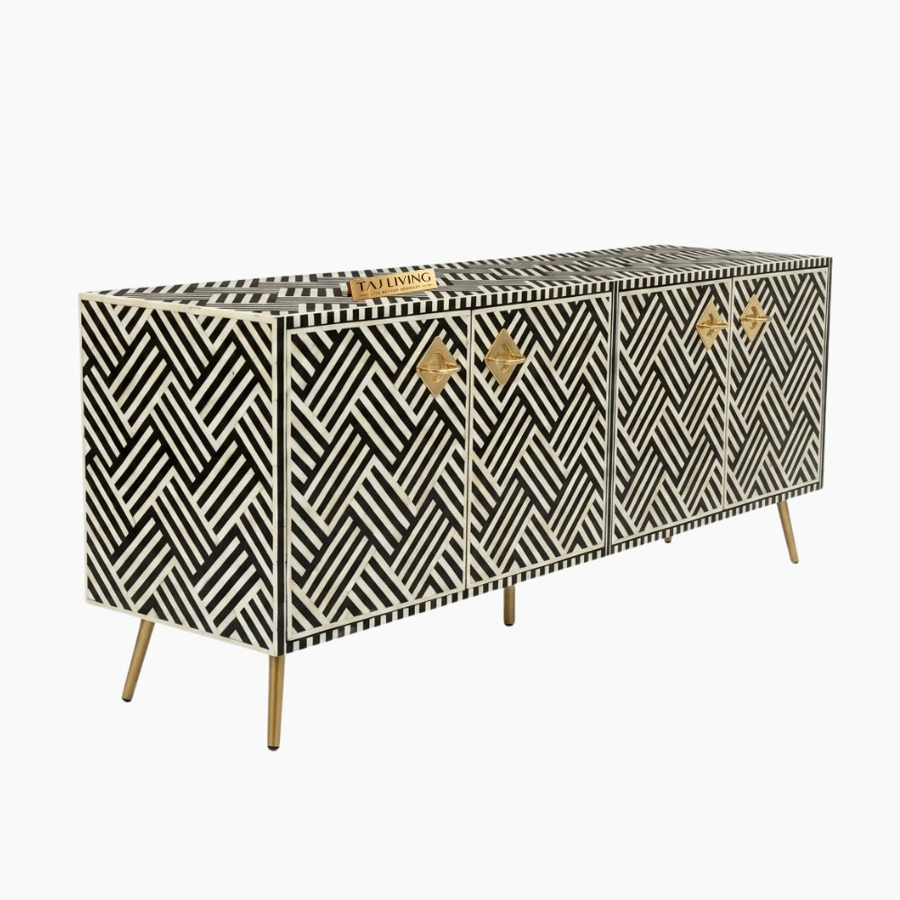 Black Bone Inlay Optical Design 4 Door TV Unit Media Cabinet