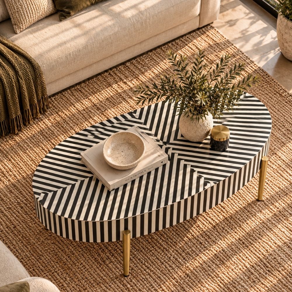 Bone Inlay Black & White Oval Coffee Table with Gold Legs
