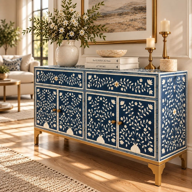Rajmahal Blue Bone Inlay 2 Drawer 4 Door Buffet Cabinet with Floral Design Main Image