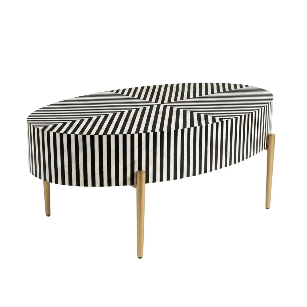 Bone Inlay Black & White Oval Coffee Table with Gold Legs