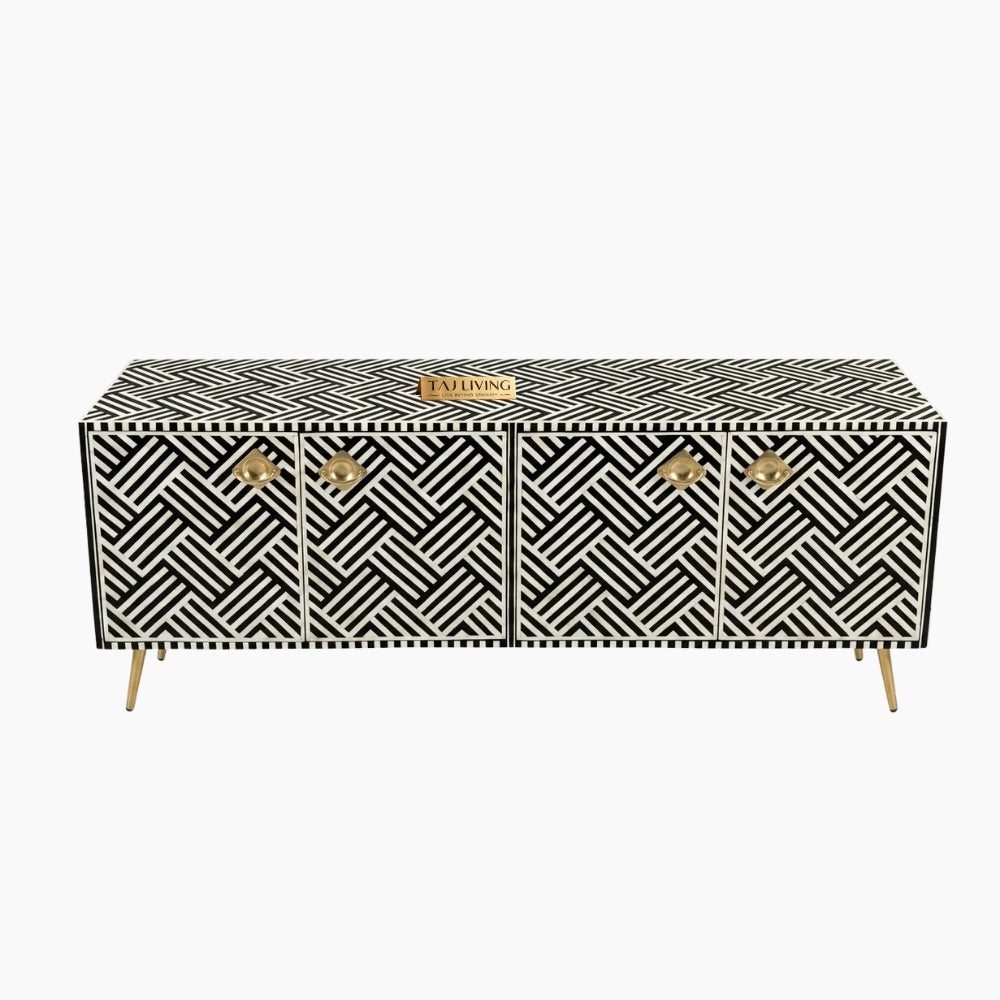 Black Bone Inlay Optical Design 4 Door TV Unit Media Cabinet