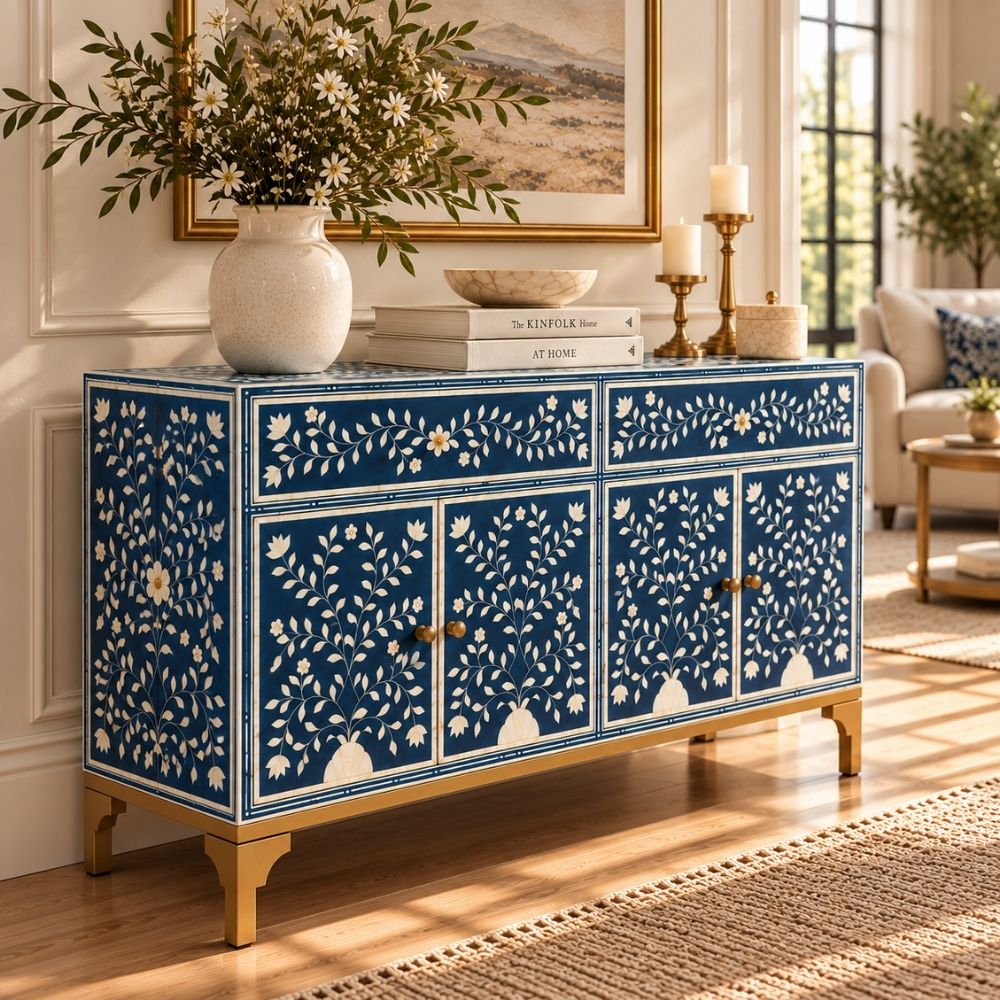 Rajmahal Blue Bone Inlay 2 Drawer 4 Door Buffet Cabinet with Floral Design