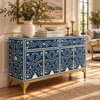 Rajmahal Blue Bone Inlay 2 Drawer 4 Door Buffet Cabinet with Floral Design