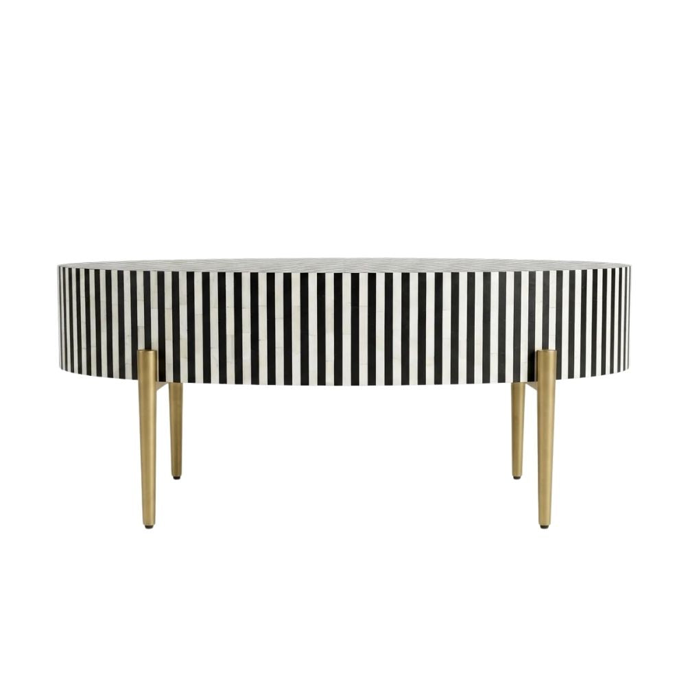 Bone Inlay Black & White Oval Coffee Table with Gold Legs