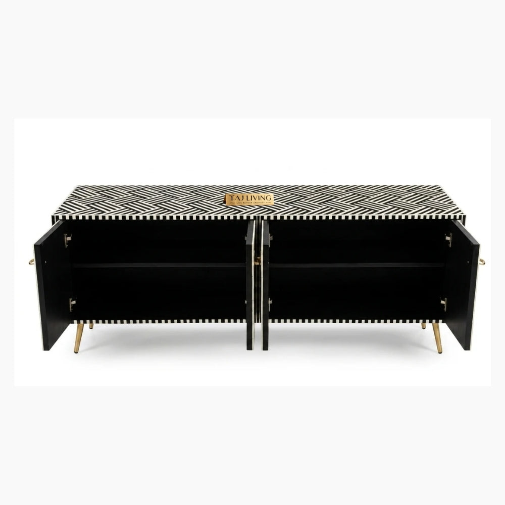 Black Bone Inlay Optical Design 4 Door TV Unit Media Cabinet
