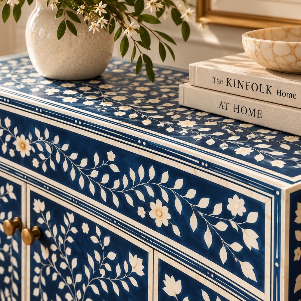 Rajmahal Blue Bone Inlay 2 Drawer 4 Door Buffet Cabinet with Floral Design