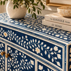 Rajmahal Blue Bone Inlay 2 Drawer 4 Door Buffet Cabinet with Floral Design
