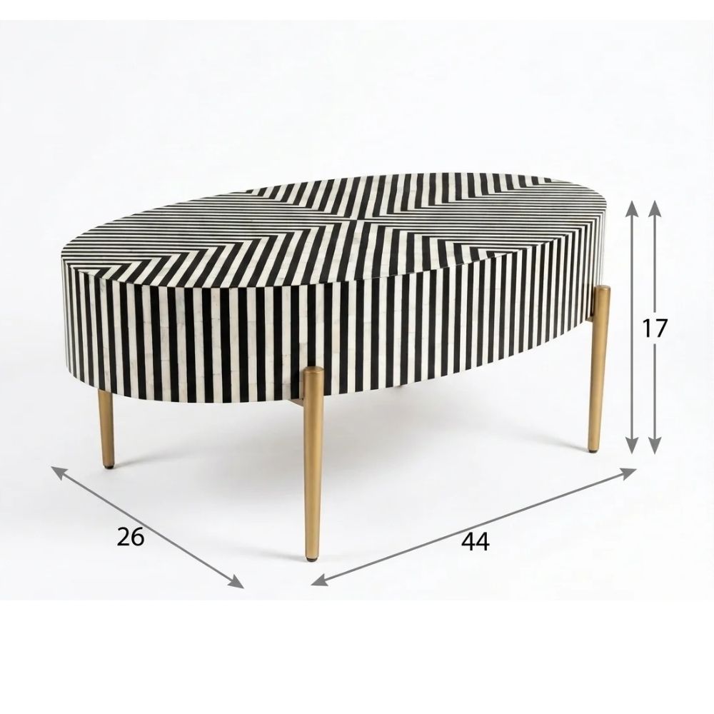 Bone Inlay Black & White Oval Coffee Table with Gold Legs