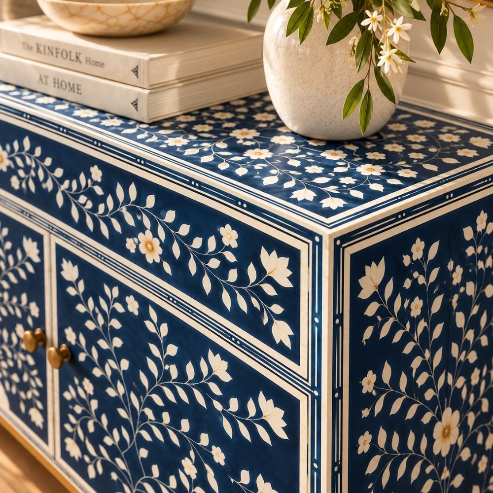 Rajmahal Blue Bone Inlay 2 Drawer 4 Door Buffet Cabinet with Floral Design