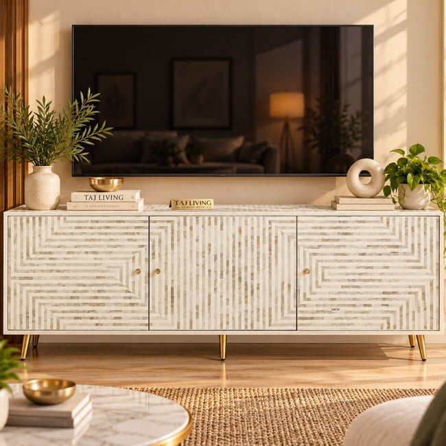 White Mother of Pearl Inlay 3 Door TV Unit Media Cabinet Hover Image