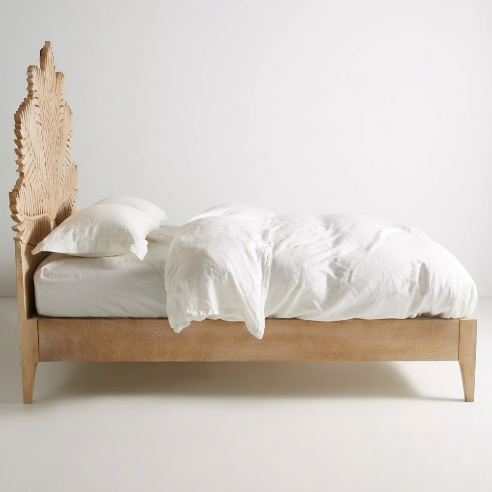 Maharani Hand-Carved Wood Super King Bed – Botanical Leaf Motif Wooden Bed Frame