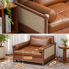 Rattan Weaving Armrests Leatherette Fabric Retro Sofa Bed with Underneath Storage
