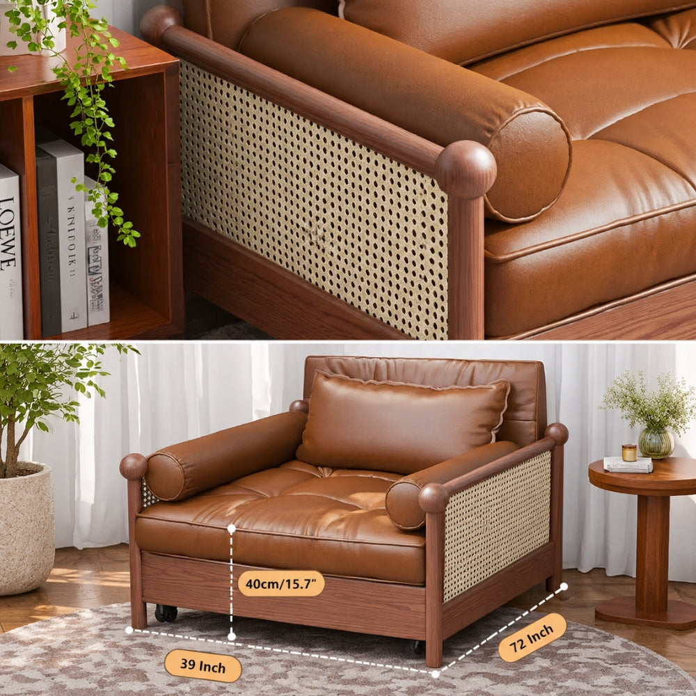 Rattan Weaving Armrests Leatherette Fabric Retro Sofa Bed with Underneath Storage