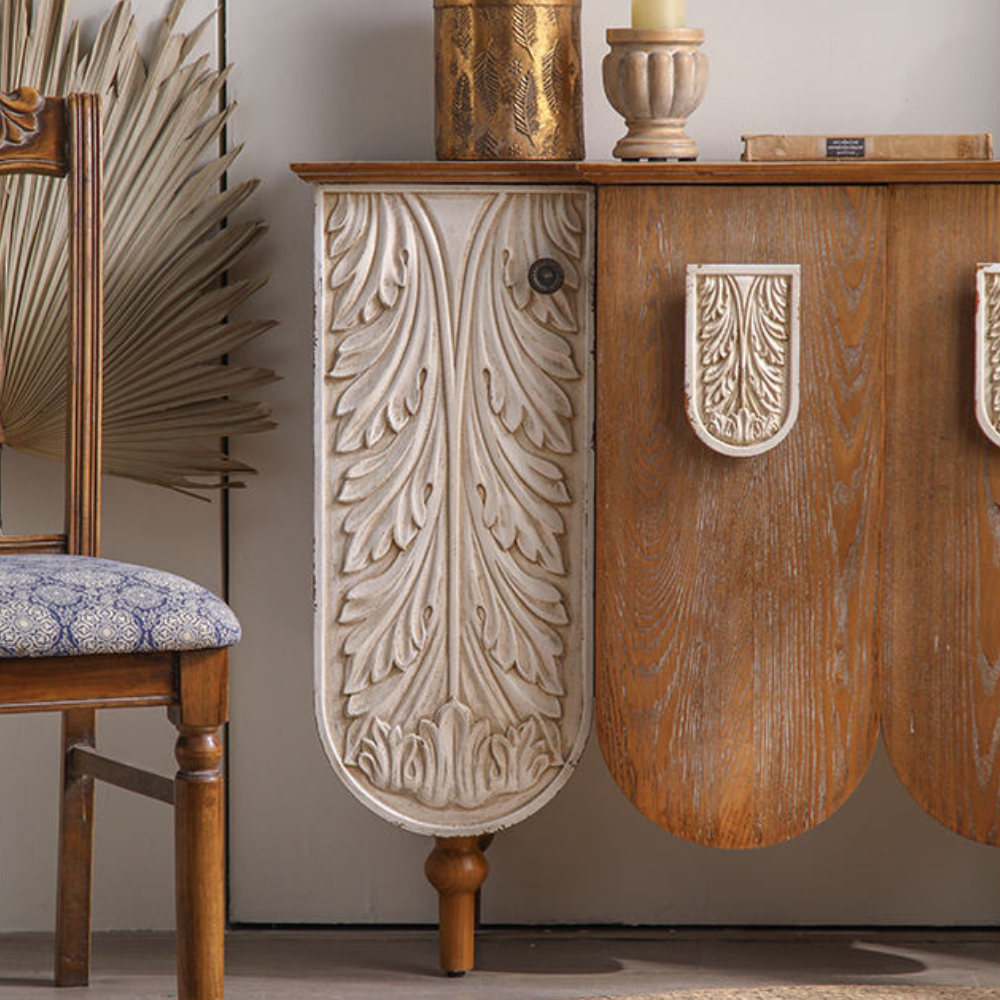Rajwada Wave Shape Wooden Carving Storage Cabinet with Door