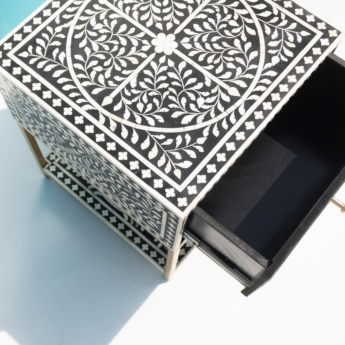 Classic Black & White Bone Inlay Bedside Table with Open Shelf