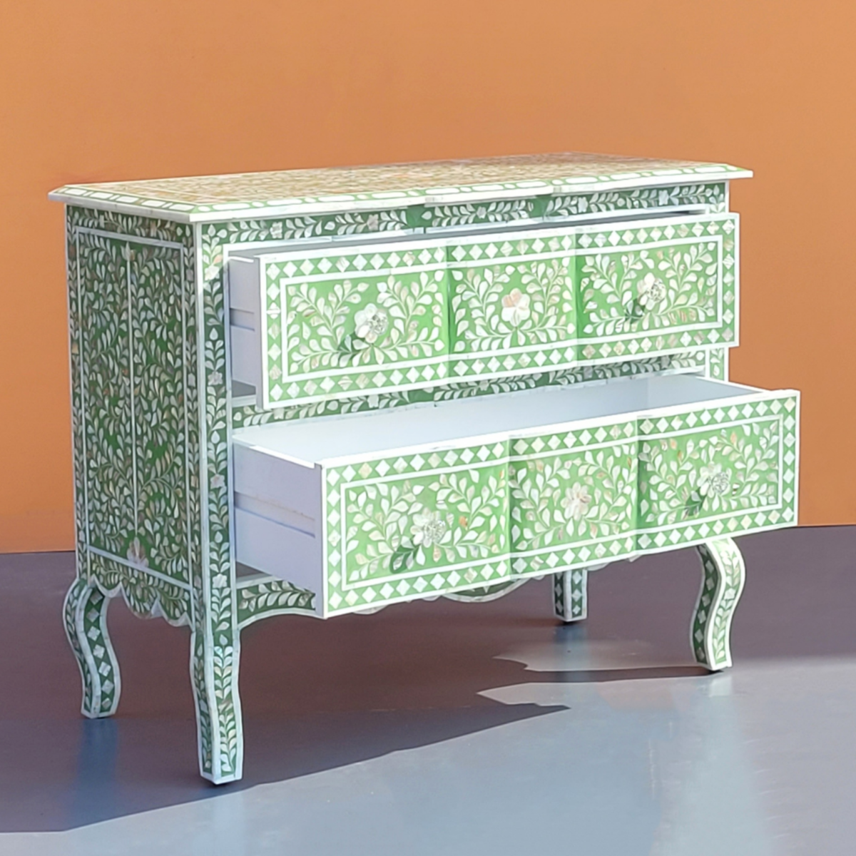 Rang Mahal Mother of Pearl Green Floral Chest of 2 Drawers