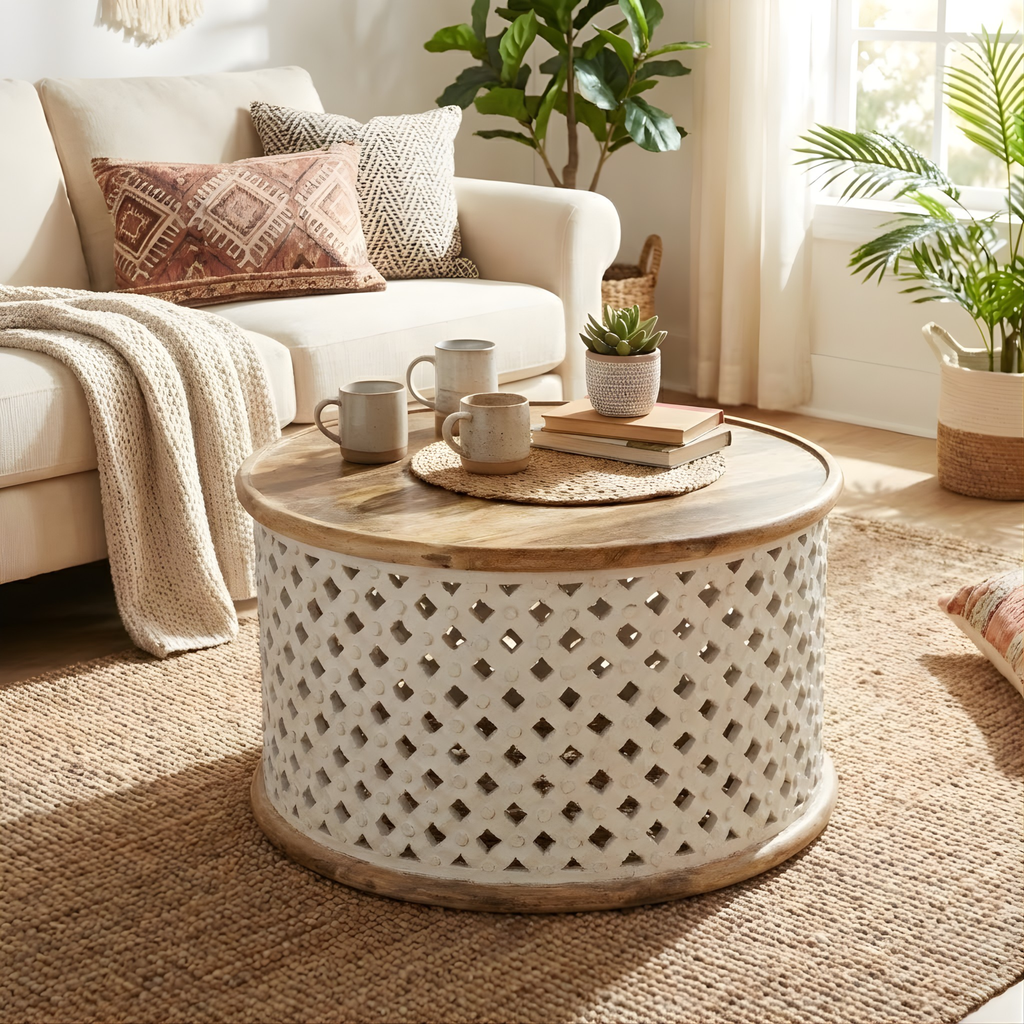 Ivory Carved Diamond Pattern Round Coffee Table with Natural Wood Top