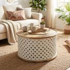 Ivory Carved Diamond Pattern Round Coffee Table with Natural Wood Top