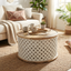 Ivory Carved Diamond Pattern Round Coffee Table with Natural Wood Top