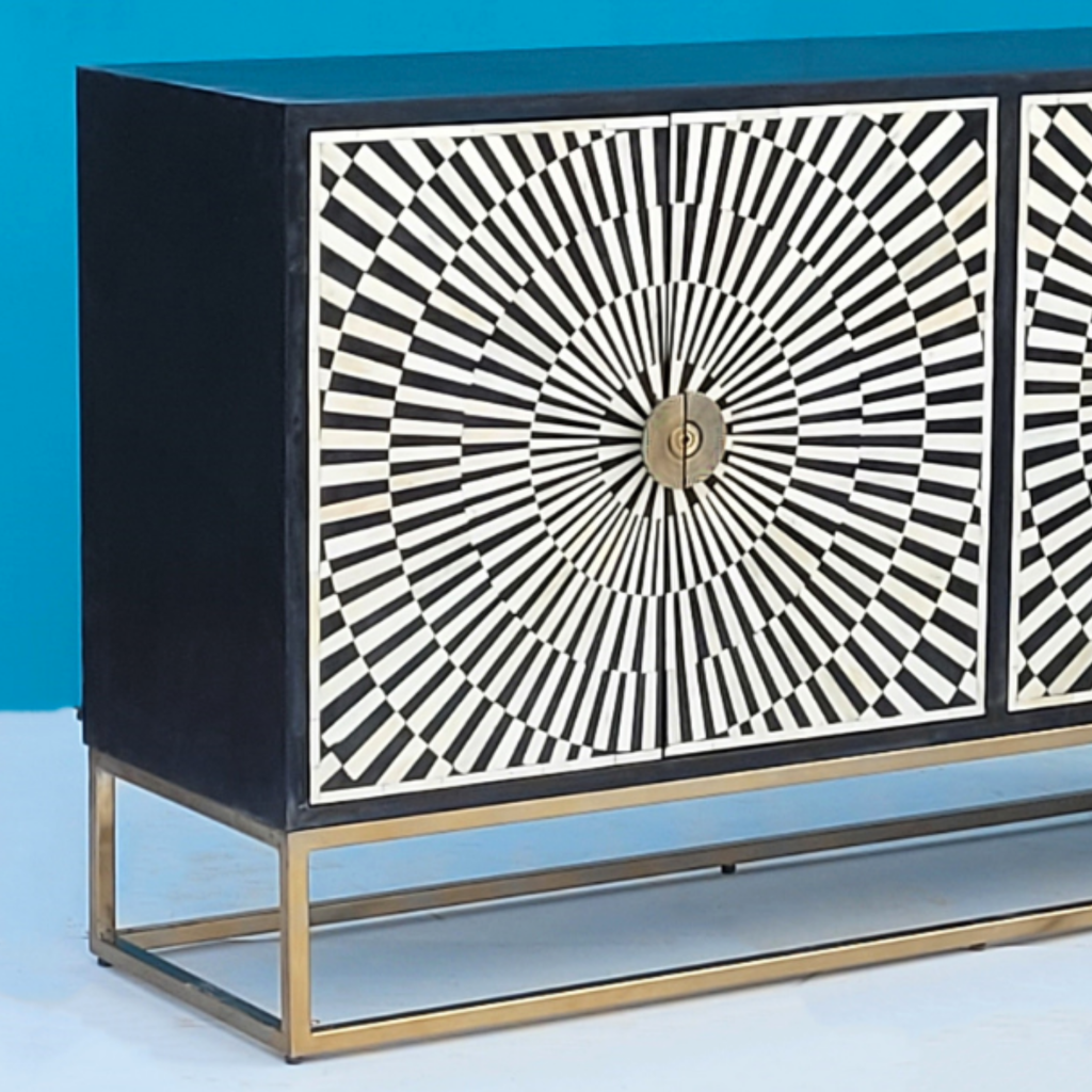 Dharohar Black and White Bone inlay Sideboard with Hinged Storage Doors