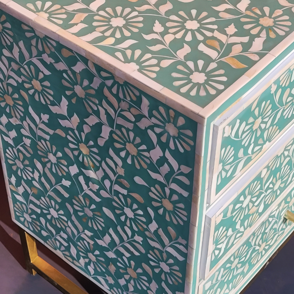 Sheesh Mahal Mint Green Floral Bone Inlay Chest of 3 Drawers
