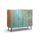 Handcrafted Wooden Carving Chest of Drawers in Natural & Green Finish
