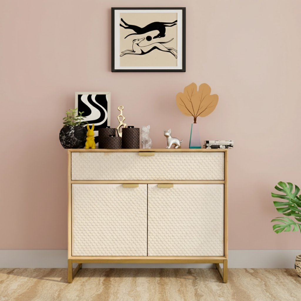 Premium White Mother of Pearl Inlay Sideboard Cabinet with Brass Finish Frame