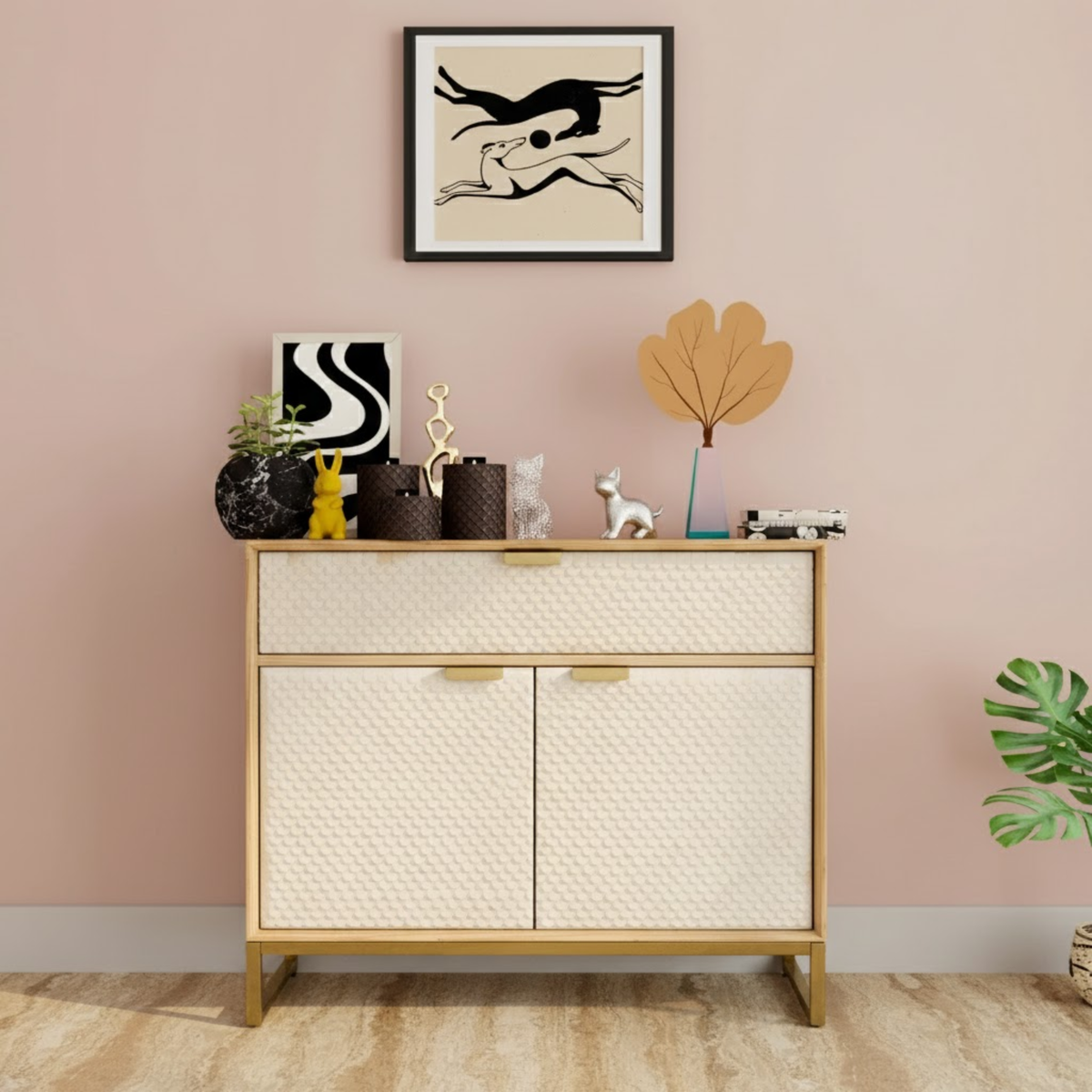 Premium White Mother of Pearl Inlay Sideboard Cabinet with Brass Finish Frame