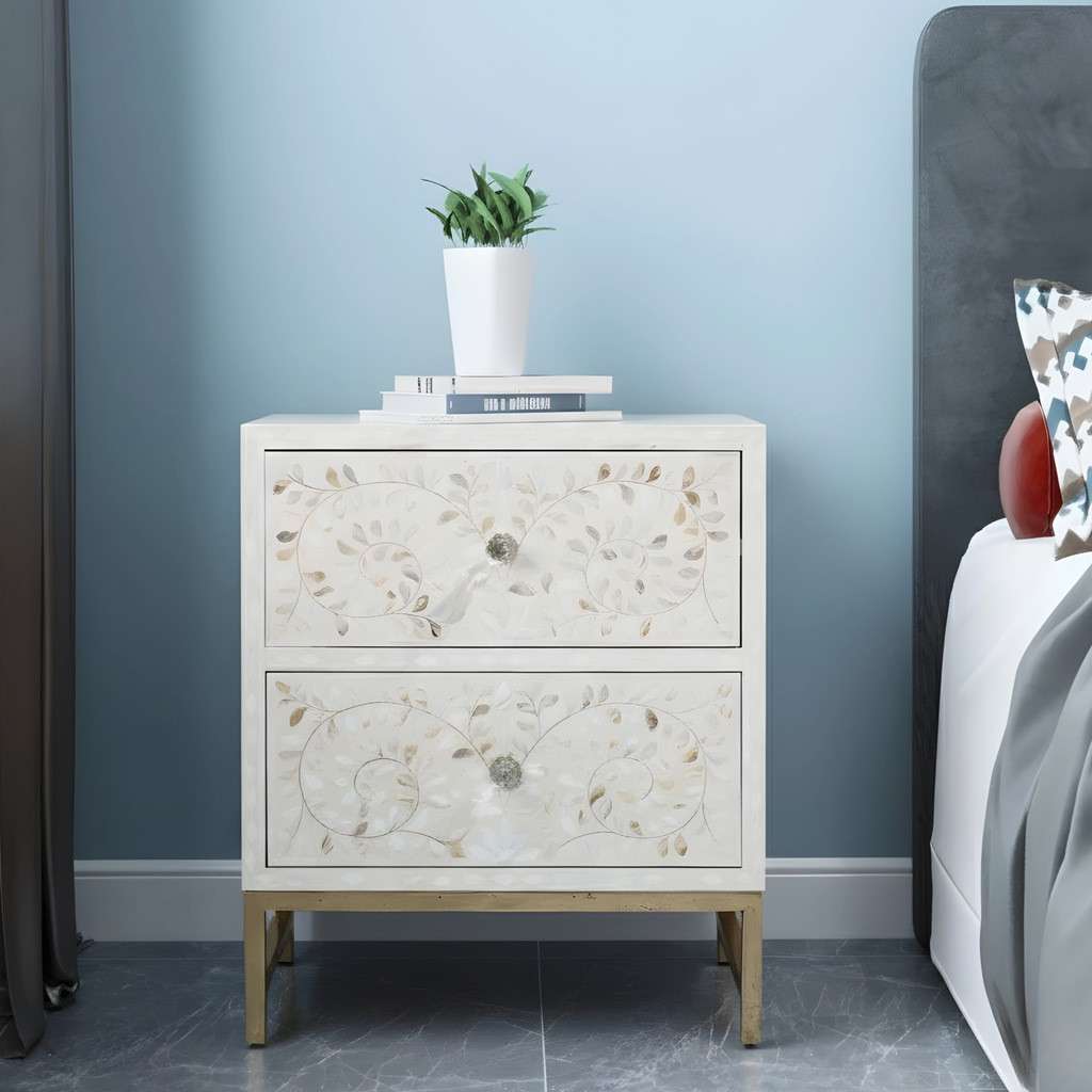 White Mother of Pearl Inlay Bedside Chest with 2 Drawers