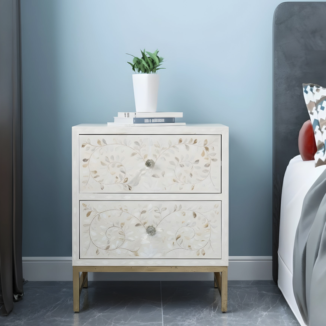 White Mother of Pearl Inlay Bedside Chest with 2 Drawers Hover Image