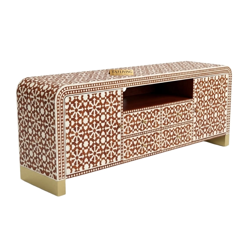 Bone Inlay Orange & White 4-Drawer 2-Door TV Unit Cabinet with Open Shelf