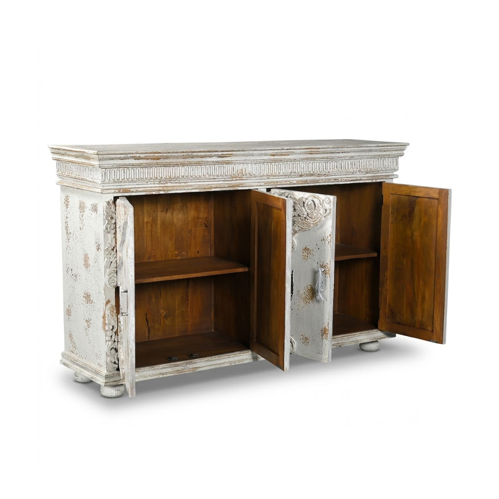 Darbar Hand Painted White Sideboard Cabinet with Crackle Finish