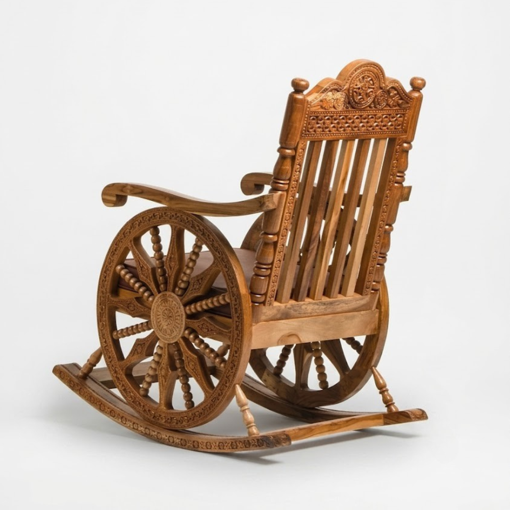 Tajliving Hand-Carved Solid Teak Wood Rocking Chair – Natural Finish