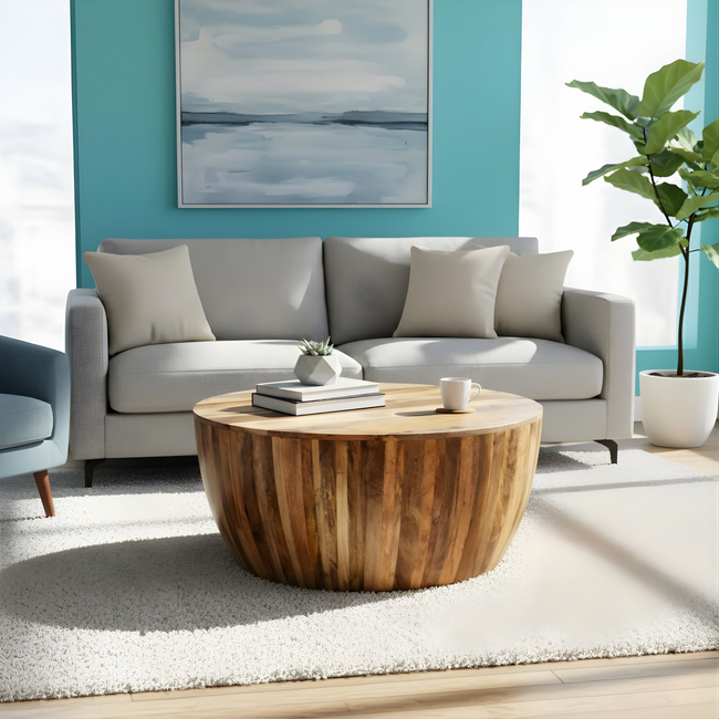 Rajtilak Natural Solid Wood Round Coffee Table – Handcrafted Drum Style Hover Image