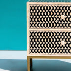 Ghoomar Black & White Geometric Bone Inlay 2-Drawer Bedside with Gold-Finish Legs