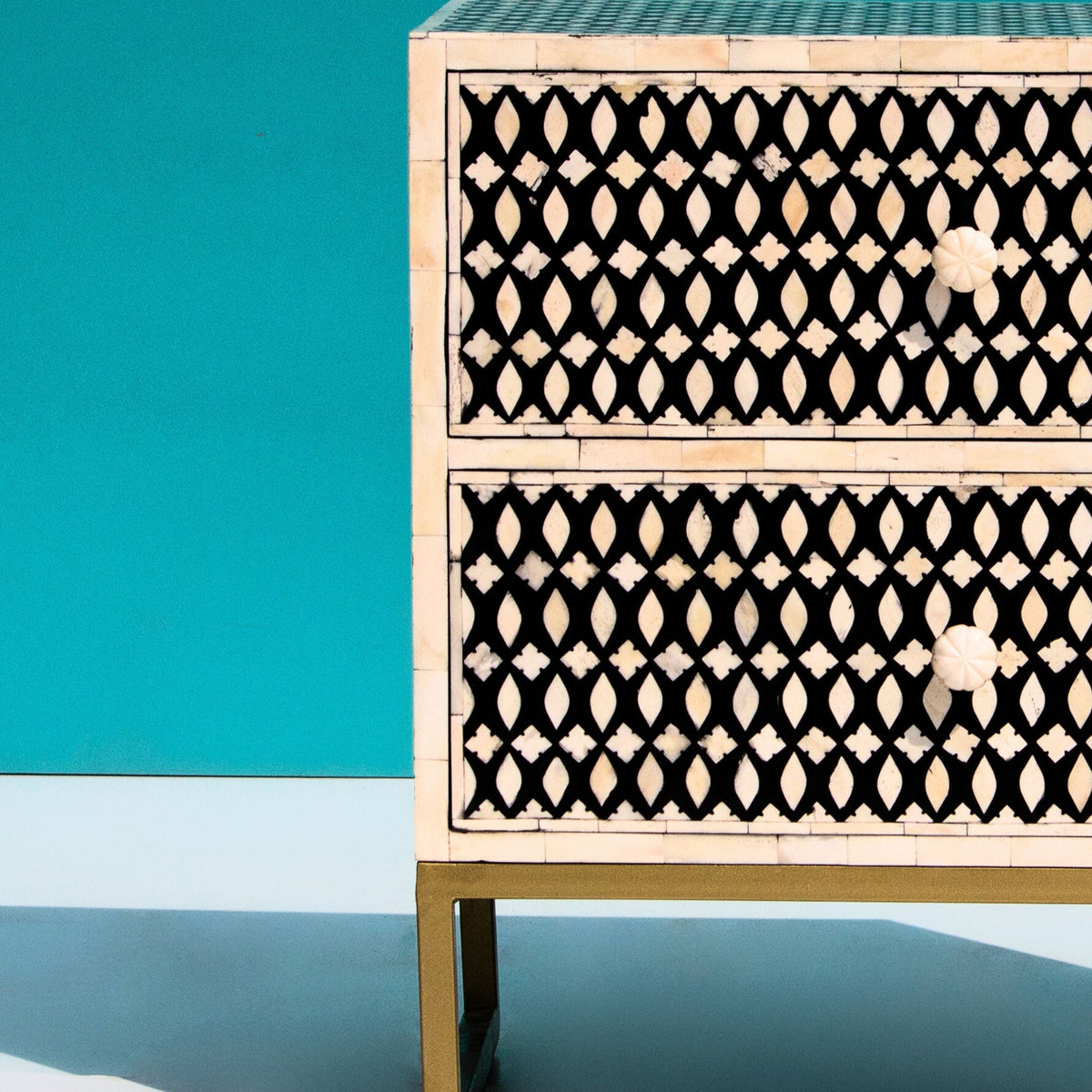 Ghoomar Black & White Geometric Bone Inlay 2-Drawer Bedside with Gold-Finish Legs