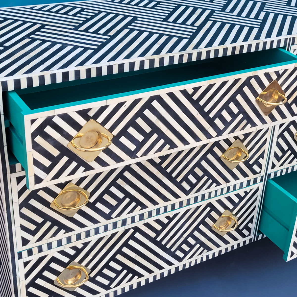 Optical Bone Inlay Chest of 9 Drawers with Metal Handles