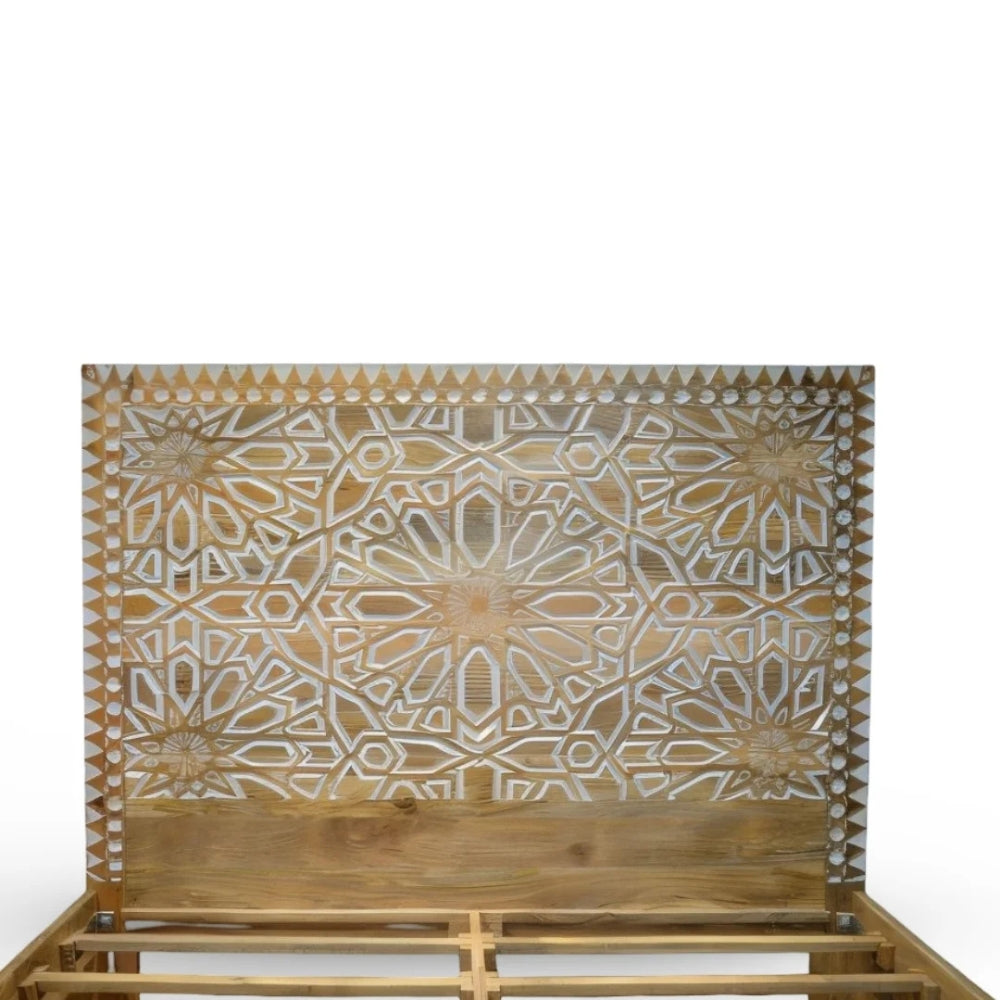 Handcrafted Solid Mango Wooden Bed in Natural Finish - Mandala Patterned