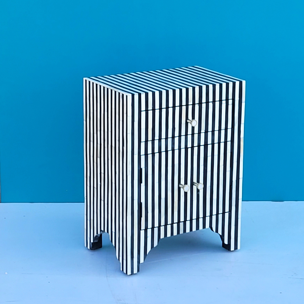 Keshari Black And White Striped Pattern Bone Inlay 2 Drawers Bedside Table