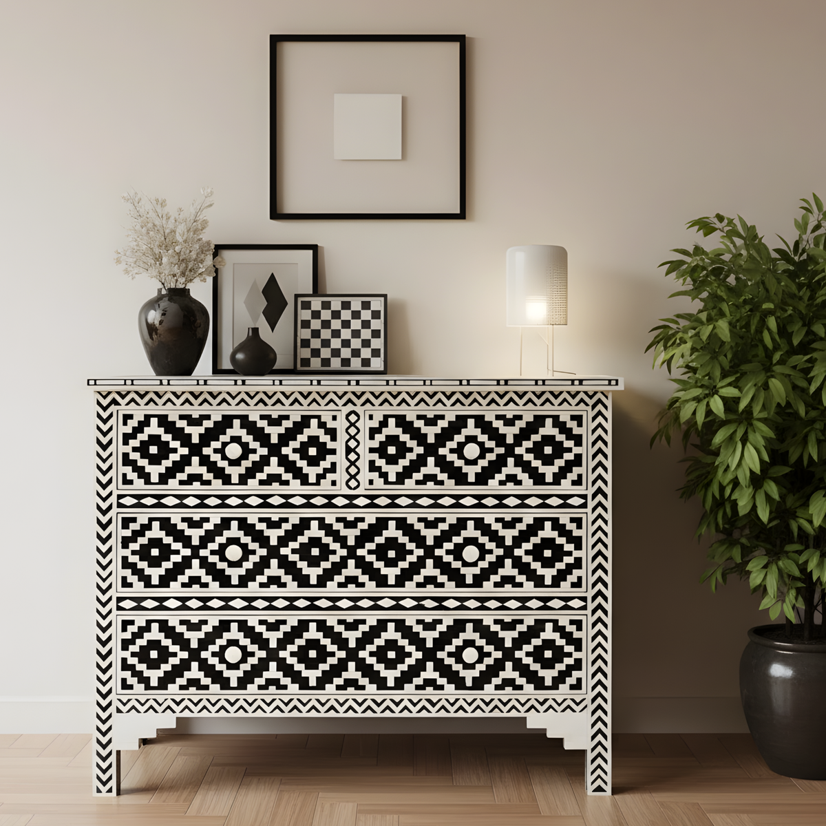 Dwarka Black & White Bone Inlay Chest of Drawers with Geometric Pattern