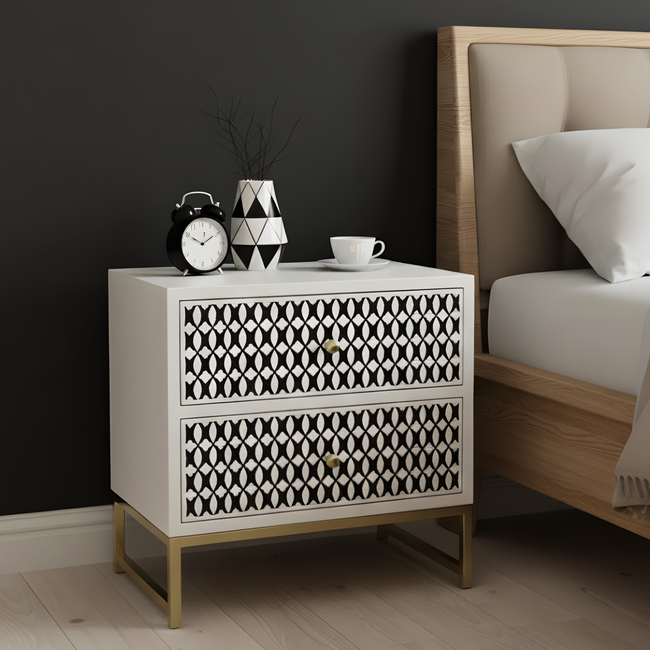Modern Black & White Bone Inlay Bedside Table with 2 Drawers Hover Image